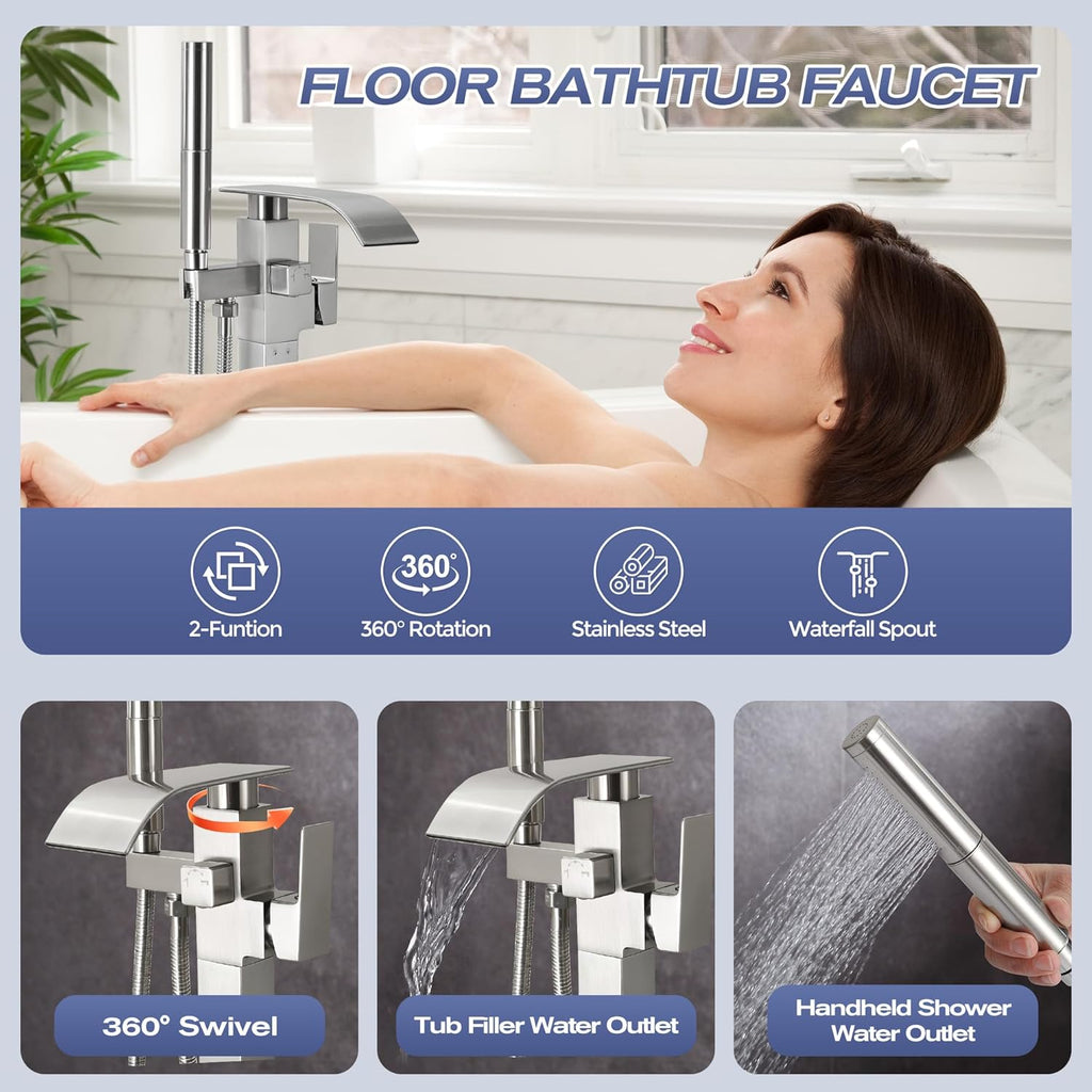 Waterfall Freestanding Bathtub Faucet, Floor Mount Bathroom Tub Filler Bath Shower Faucets with Handheld Sprayer, Brushed Nickel