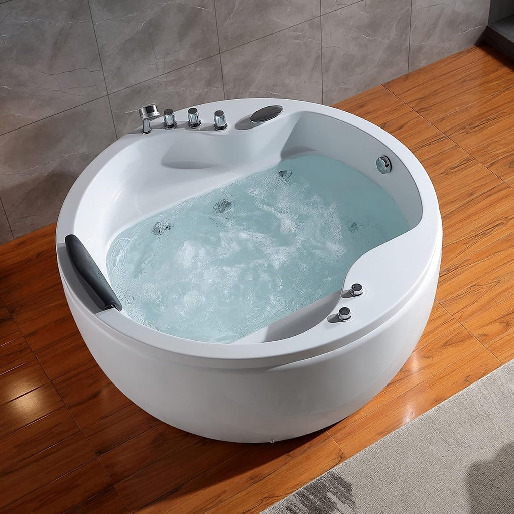 Empava 59' Acrylic Freestanding Whirlpool Bathtub Hydromassage Round Jetted Soaking Tub with Right Side Drain and Waterfall Faucet
