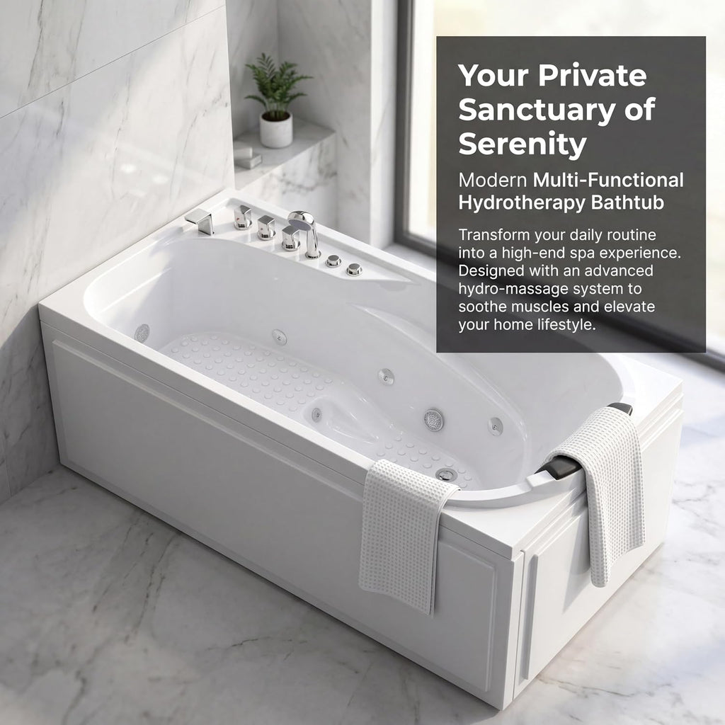 67' x 34' Acrylic Whirlpool Bathtub with Center Drain – 8 Hydro Jets, 750W Jetted Tub, Ergonomic Soaker, White