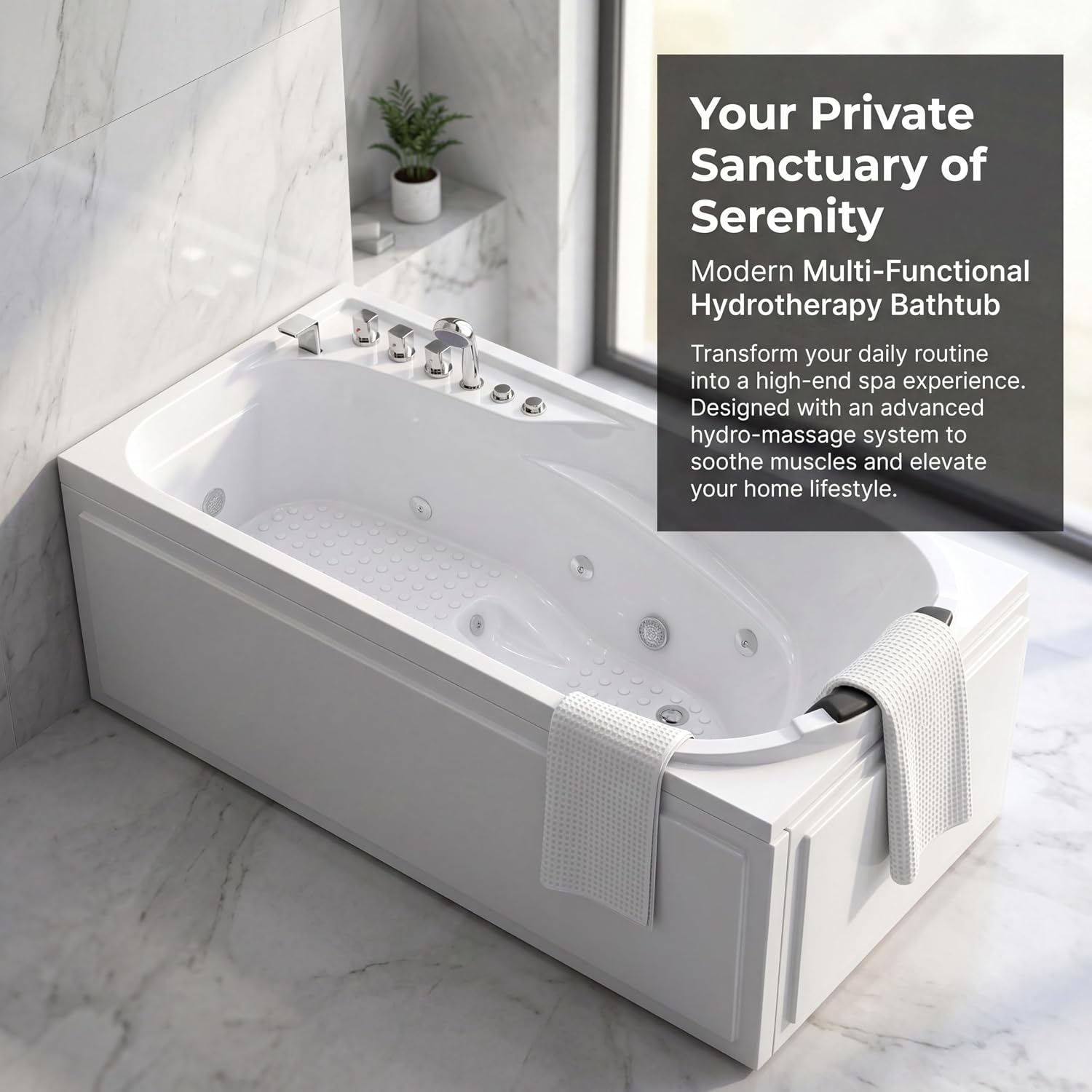 67' x 34' Acrylic Whirlpool Bathtub with Center Drain – 8 Hydro Jets, 750W Jetted Tub, Ergonomic Soaker, White