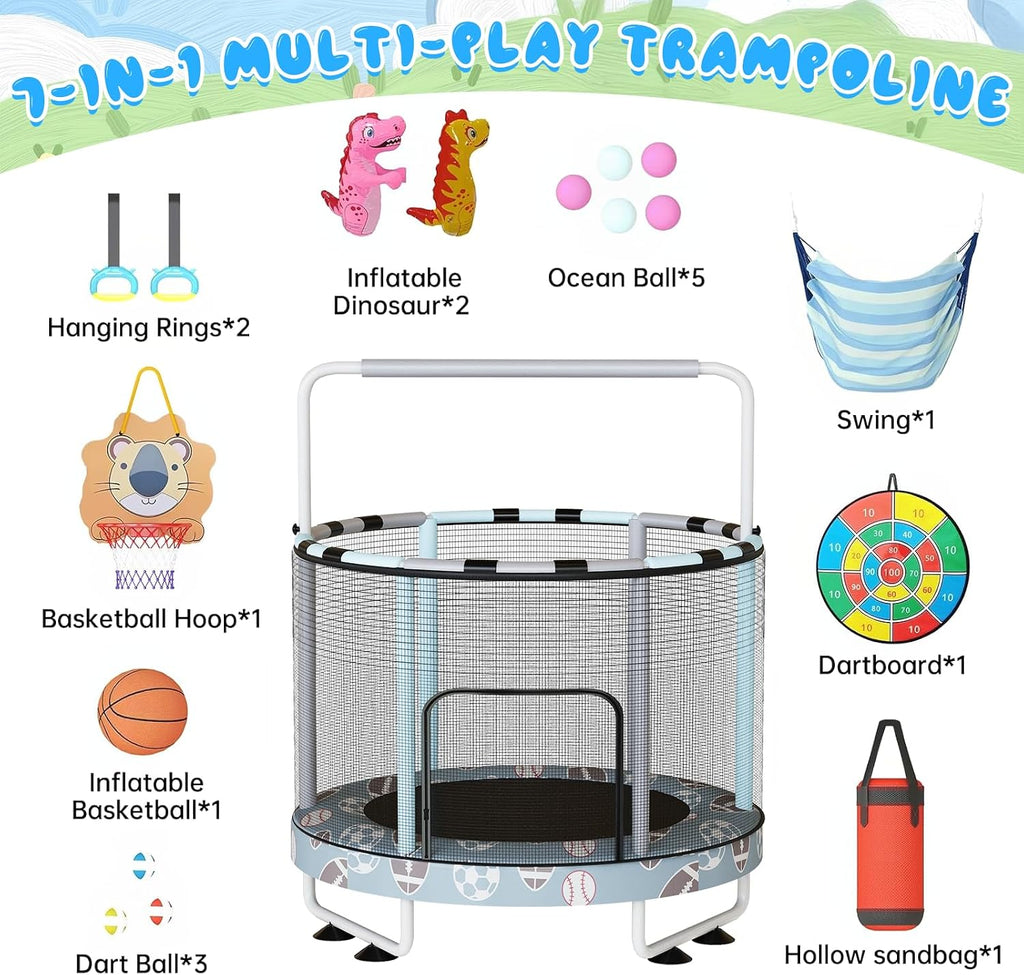 LAMERGE 55' 7-in-1 Round Trampoline for Kids Boys & Girls Ages 1-8, Indoor & Outdoor Trampoline for Fun, Adjustable Height Handrail ＆ Enclosed Safety Net ＆ Durable Designs for Toddlers Children