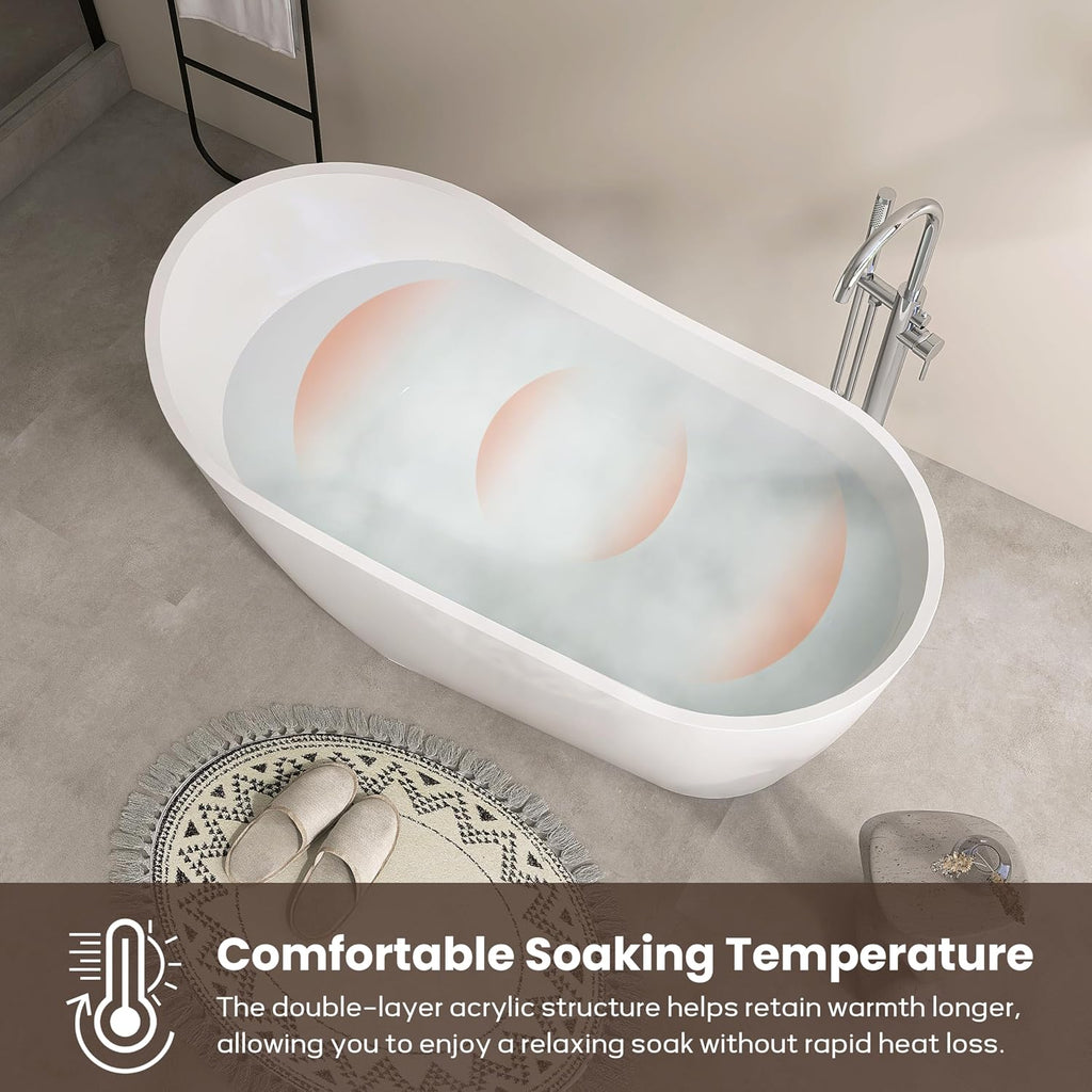 SJ STAR&JANE 59' Acrylic Freestanding Bathtub, Modern Acrylic Soaking Bathtub,Stand Alone Tub with Drain and Overflow, cUPC Certified, White