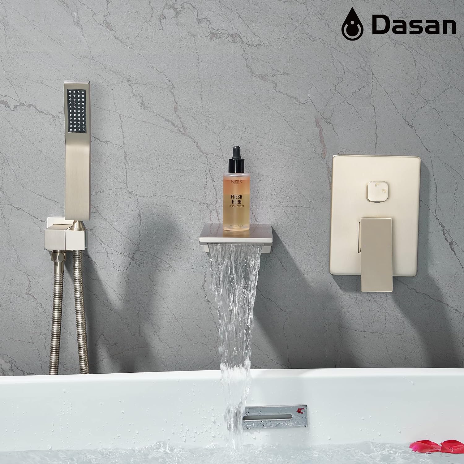 DASAN Waterfall Tub Filler Faucet Wall Mount with Hand Shower, Modern Wall Mounted Bathtub Faucet Brushed Nickel Tub Faucet with High Flow Rough in Valve, SA-TF01WH-BN
