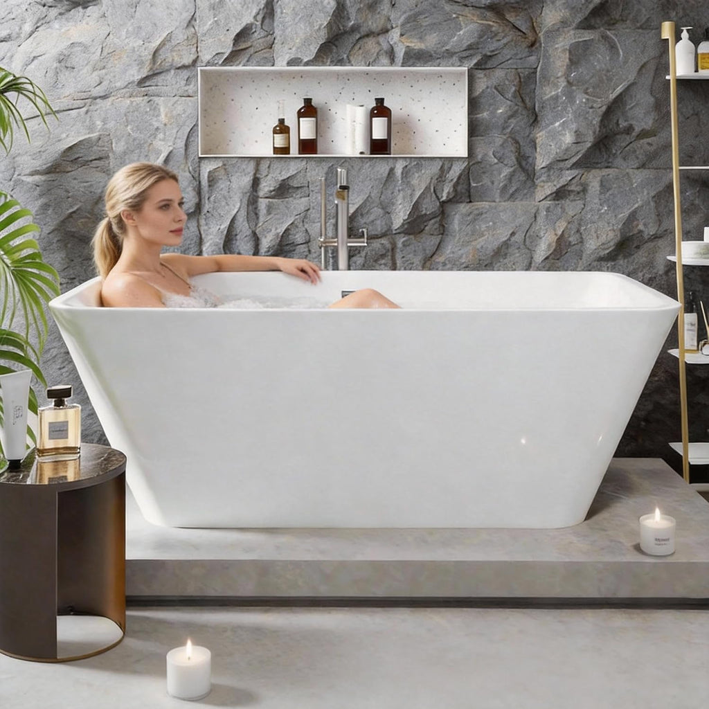 59' Acrylic Freestanding Bathtub with Chrome Drain Kit, Contemporary Square Soaking Tub with Overflow and Flexible PVC Drain Pipe, Double-Walled Insulation, CUPC Certified, Glossy White Finish