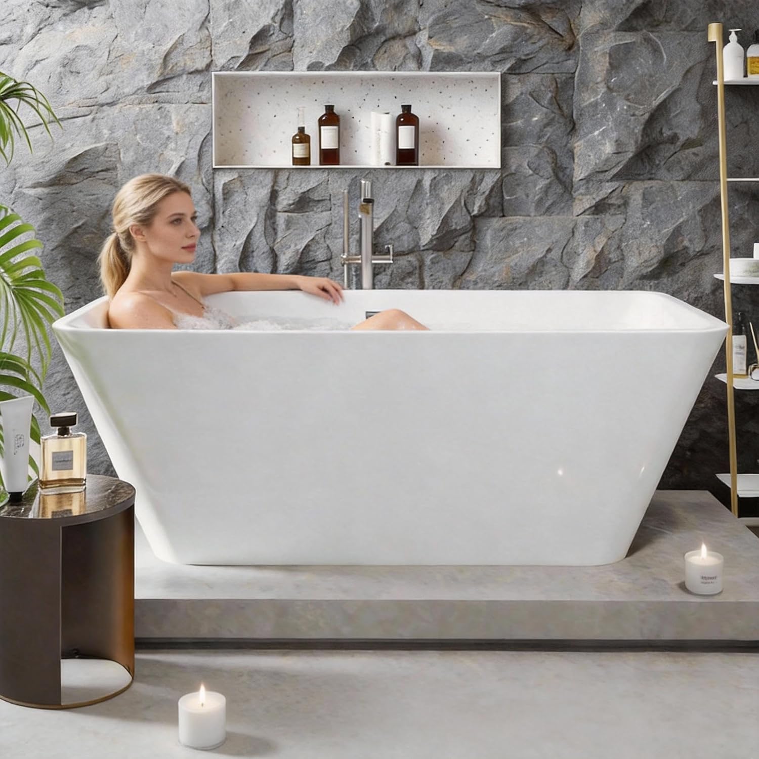 66'' Acrylic Freestanding Bathtub, Deep Soaking Tub with Non-Slip Base, cUPC Certified Modern Free Standing Bath Tub for Bathroom, Chrome Drain, White