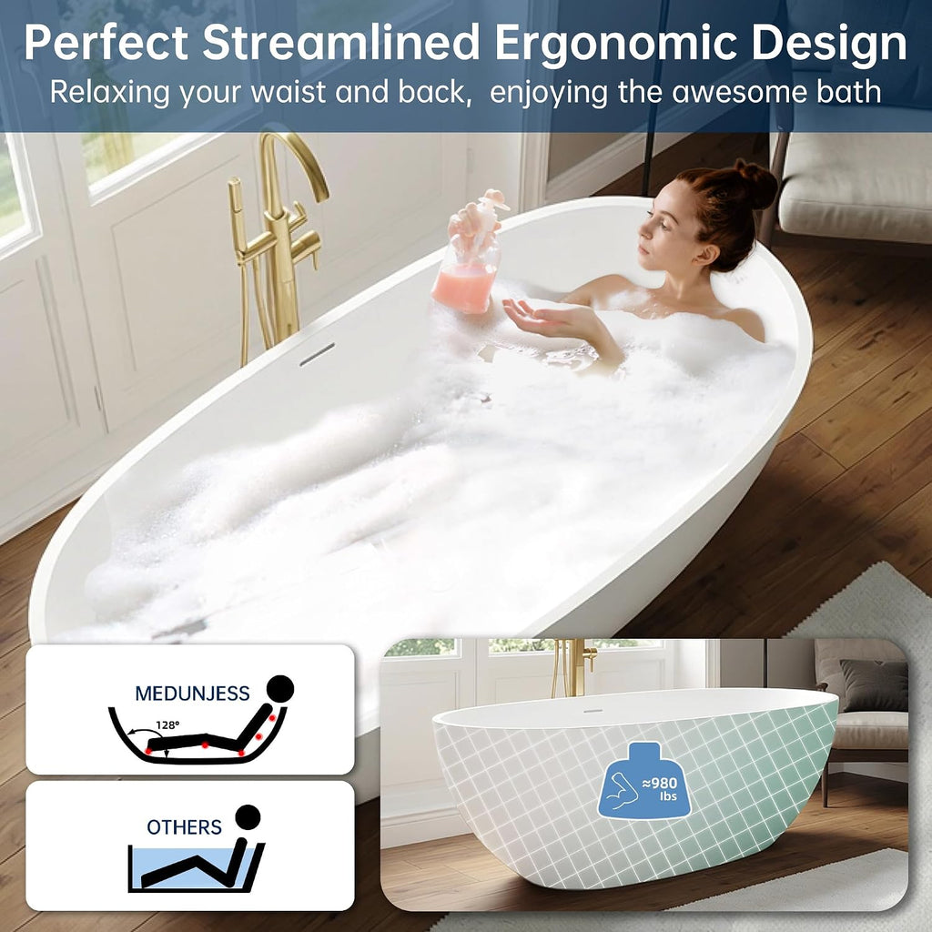 71' Stone Resin Freestanding Bathtub, Solid Surface Free Standing Tub, Soaking Tub with Overflow and Pop-up Drain in White, 2 Person Bathtub