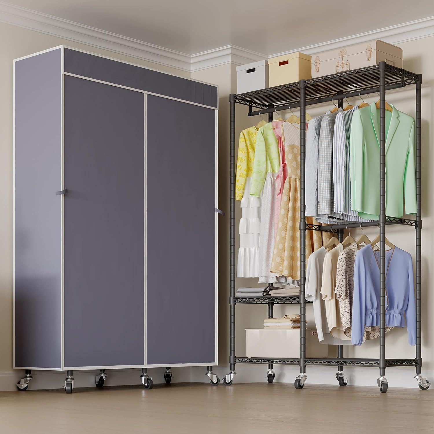 Higeego H9 Heavy Duty Rolling Clothes Rack with Cover, Covered Garment Rack with Wheels and Shelves, Wardrobe Closet, Portable Closet for Hanging Clothes, Black Clothing Rack with Grey Cover