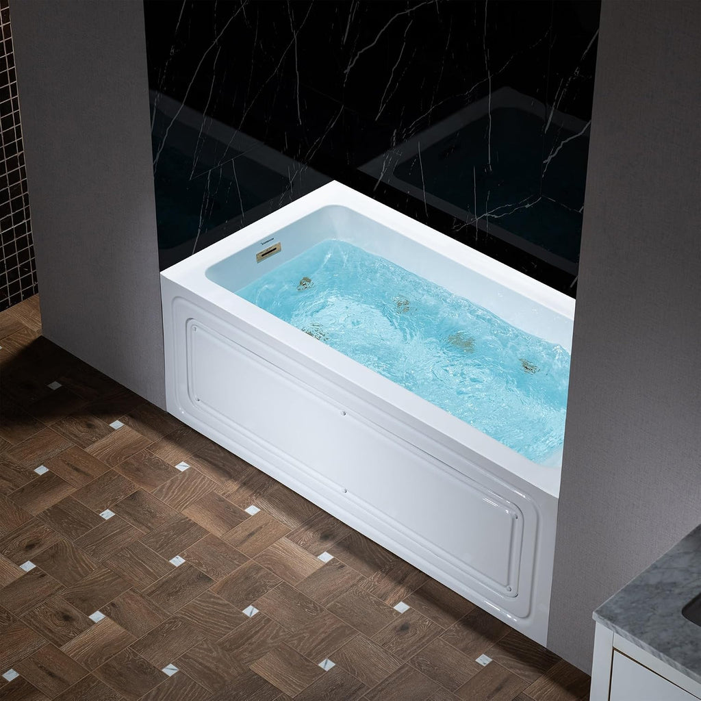 WOODBRIDGE 60' x 30' Alcove Acrylic Rectangular Whirlpool Heated Jetted Tub in White with Left Drain, Brushed Gold Finish Trim and Drain Kit Included, BS428-L-BG03