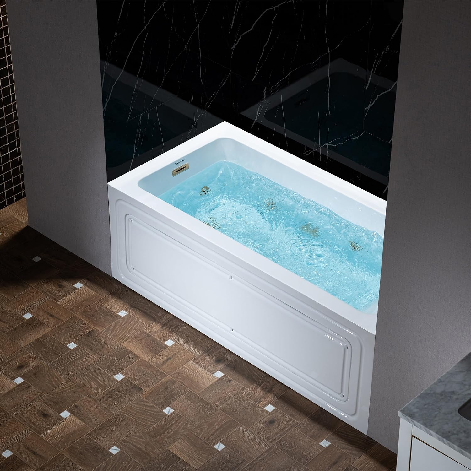 WOODBRIDGE 60' x 30' Alcove Acrylic Rectangular Whirlpool Heated Jetted Tub in White with Left Drain, Brushed Gold Finish Trim and Drain Kit Included, BS428-L-BG03