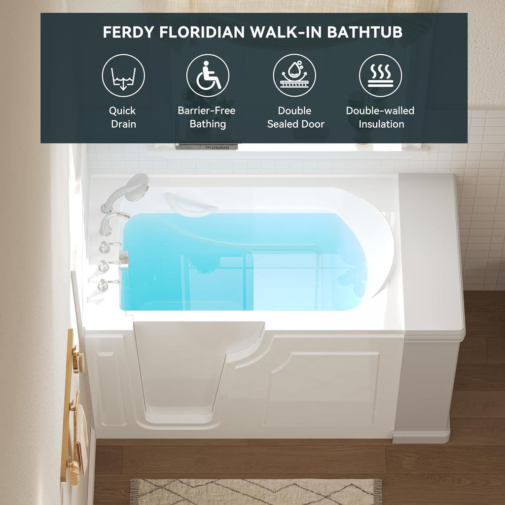 FerdY Floridian 55' x 33' Walk-in Bathtub with Left-Side Door Opening and Quick Fill and Drain System& Bath Pillow for Bathtub,Thick Tub Pillows, Ergonomic Head Neck and Back Support