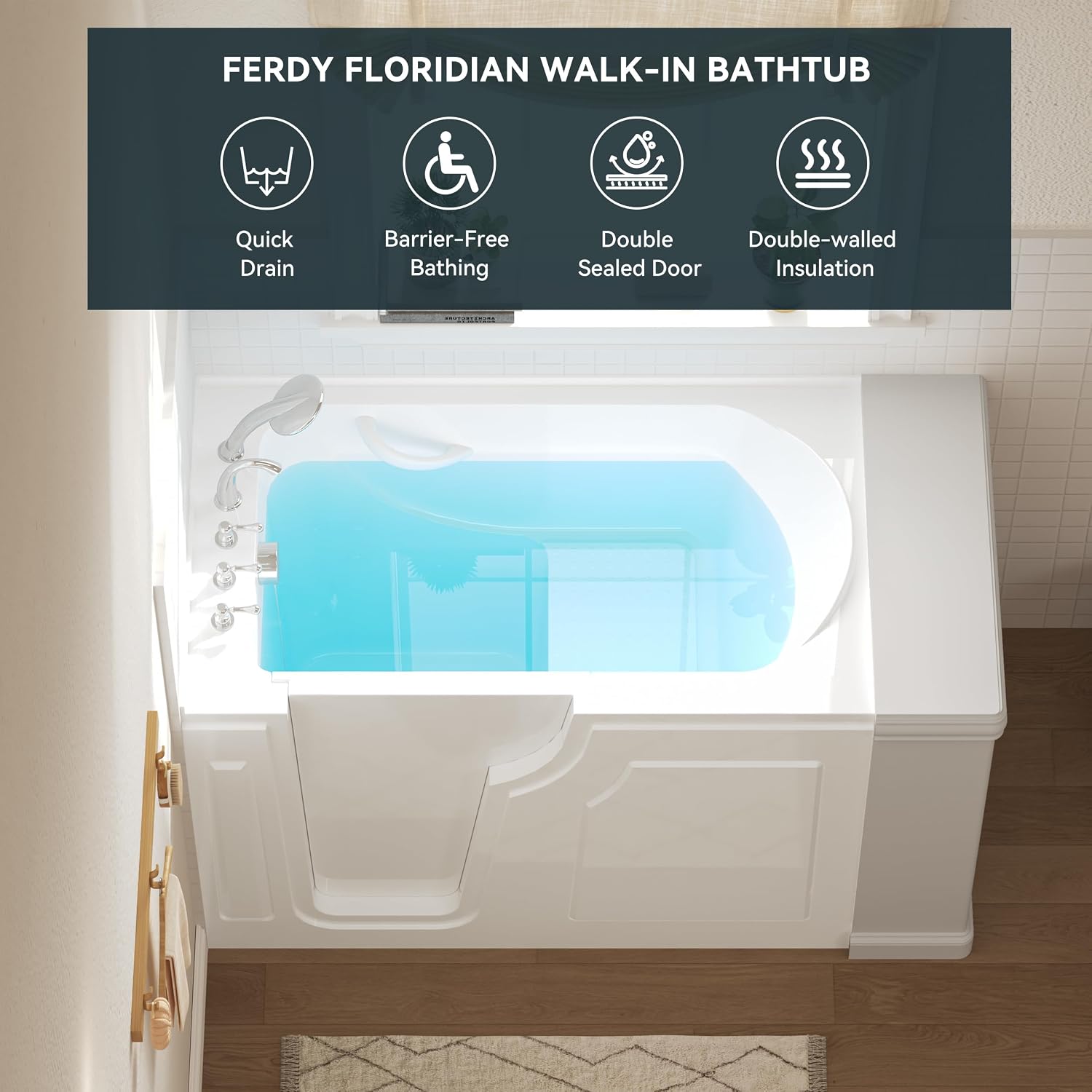FerdY Floridian 55' x 33' Walk-in Bathtub with Left-Side Door Opening and Quick Fill and Drain System& Bath Pillow for Bathtub,Thick Tub Pillows, Ergonomic Head Neck and Back Support