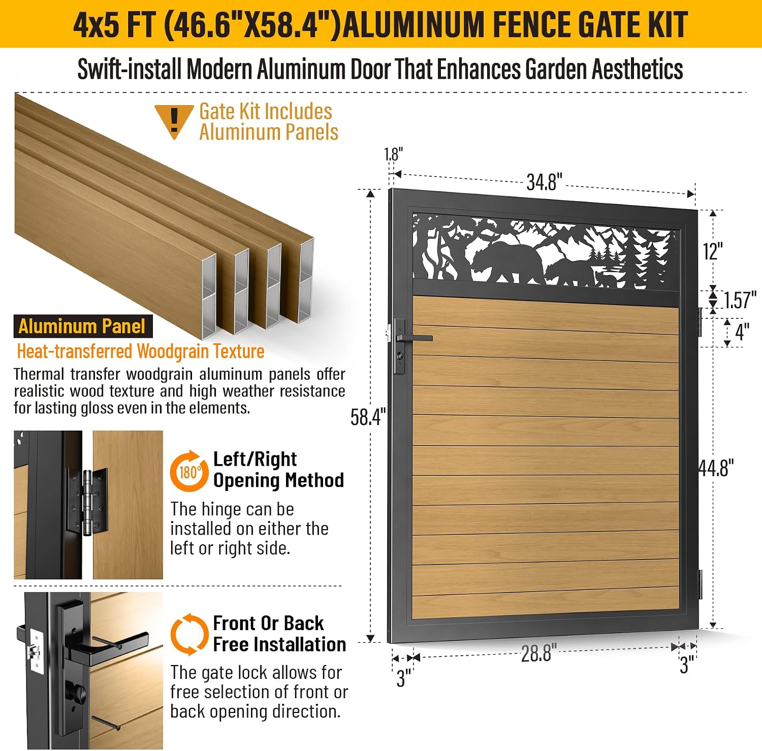 4x5 FT Aluminum Fence Gate Kit Wood Grain Aluminum Gate with Decorative Cutout, Lock & Hinges, Left/Right Opening, Weather Resistant for Yard Garden Patio