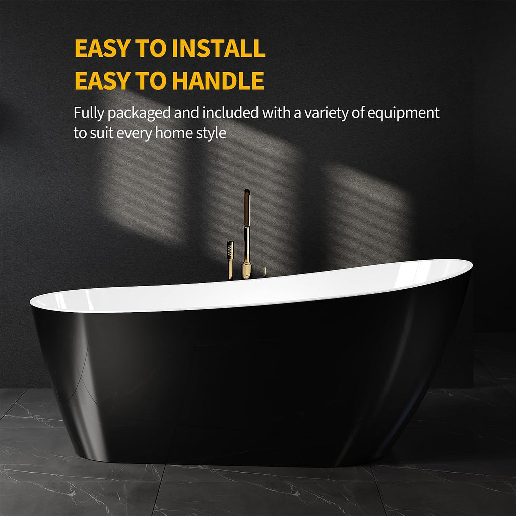 67 Inch Acrylic Freestanding Bathtub, Deep Soaking Tub with One End Raised, White Interior Black Exterior, Modern Stand Alone Acrylic Tub for Home, Bathroom, Chrome Pop-Up Drain and Overflow