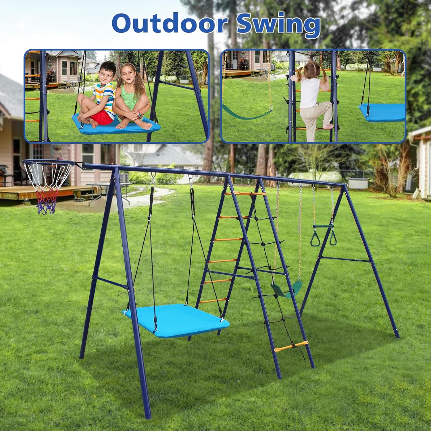 6 in 1 Backyard Swing Set, Heavy Metal A-Frame, Trapeze bar, Climbing net and Ladder, Basketball Hoop, Children's Outdoor Playground Swing Cover
