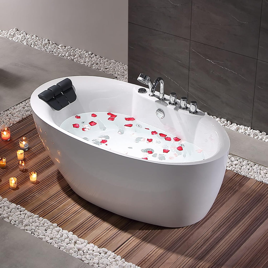 Empava 59' x 28' Freestanding Whirlpool Tub, Stand Alone Jetted Bathtub, Boat Shape with Large Recline Angle, Hydromassage, Adjustable Water Nozzles,Acrylic,ETL Certified