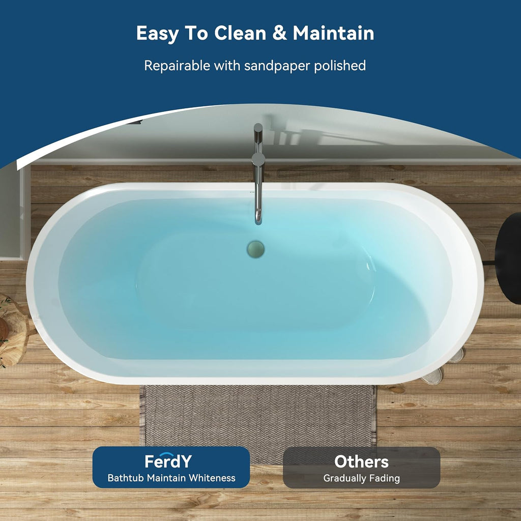 FerdY 67' Acrylic Freestanding Bathtub, Contemporary Soaking tub with Brushed Gold Drain, cUPC Certified, Elegant Oval Shape, Bali
