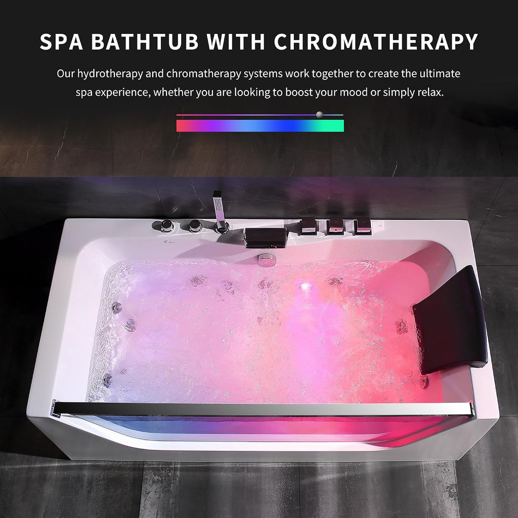 Empava 59' Acrylic Alcove Whirlpool Bathtub - 11 Jets Hydromassage with Chromatherapy, 750W, 58 Gallons, 3-Side Apron, Waterfall Faucet & ETL Certified