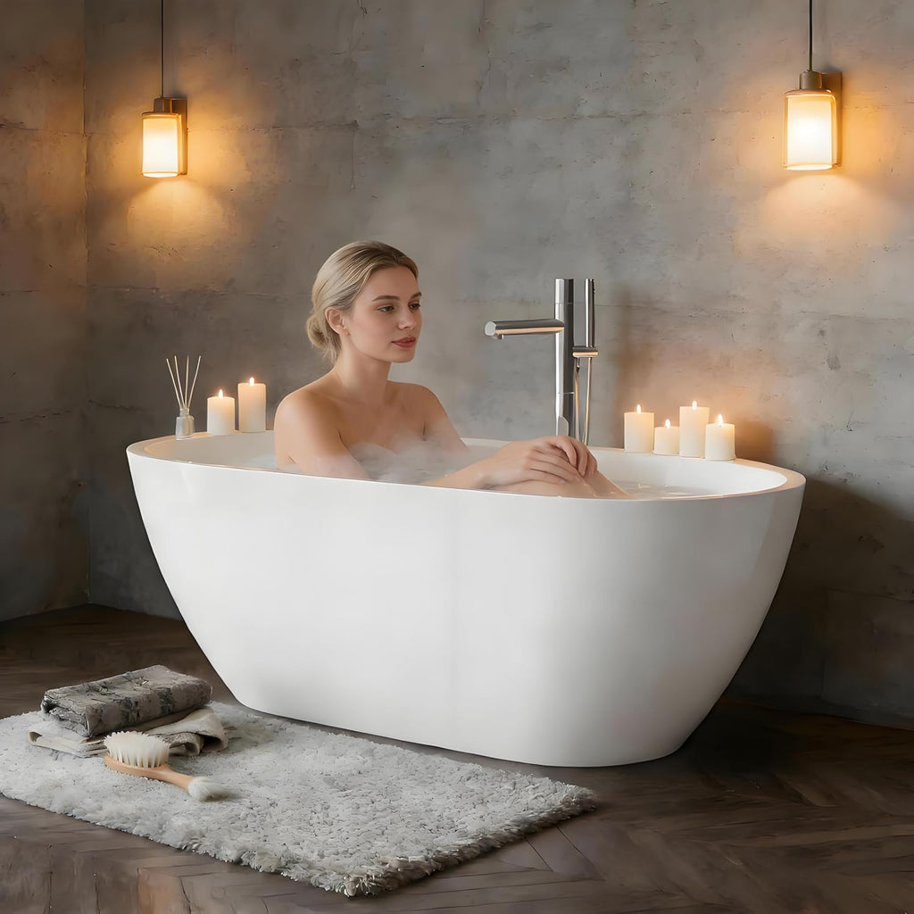 Freestanding Bathtub 59 Inch, Oval Acrylic Stand Alone Tub with Chrome Drain, Modern White Soaking Tub for Bathroom Renovation, Ergonomic Design for Family or Guest Bathroom