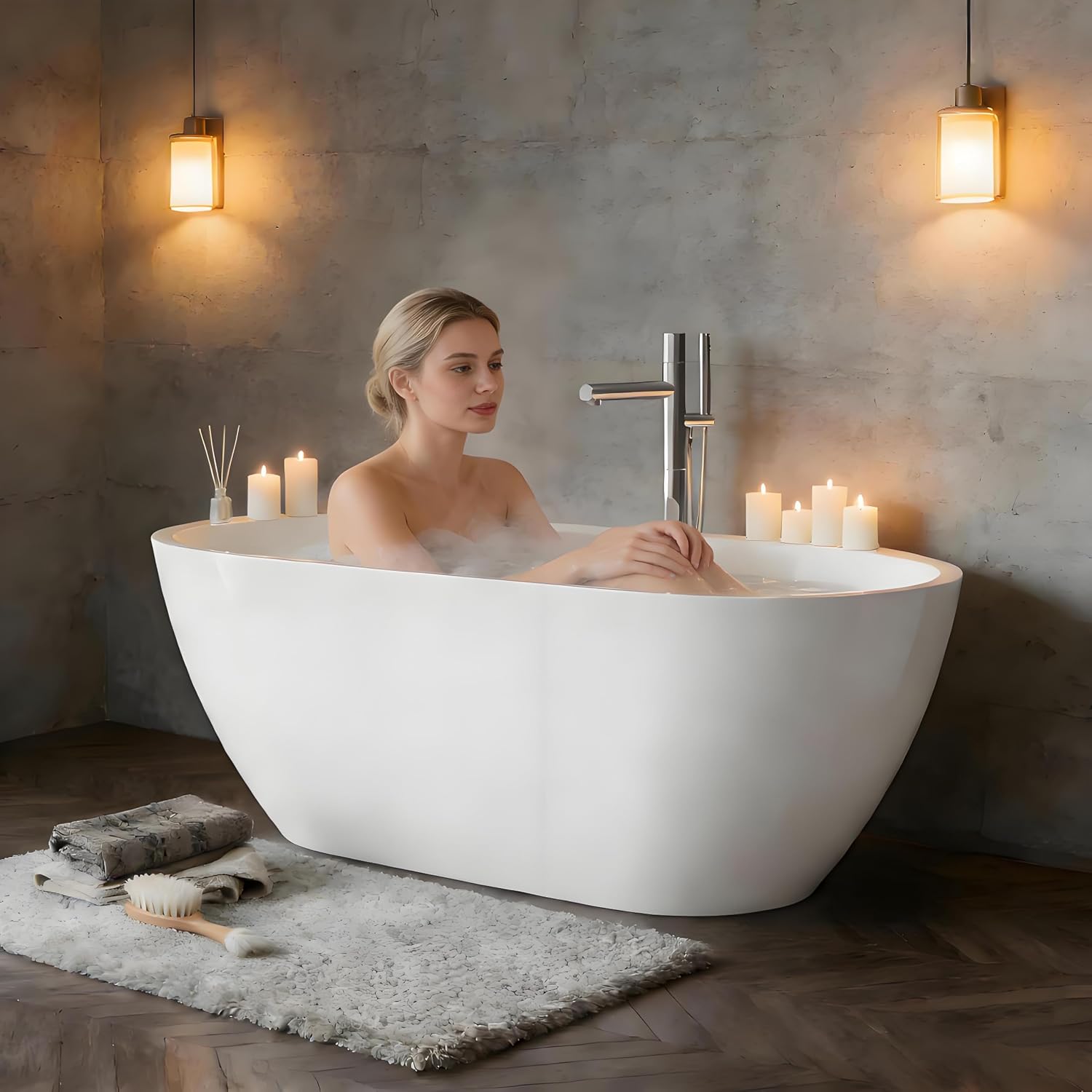 Freestanding Bathtub 59 Inch, Oval Acrylic Stand Alone Tub with Chrome Drain, Modern White Soaking Tub for Bathroom Renovation, Ergonomic Design for Family or Guest Bathroom