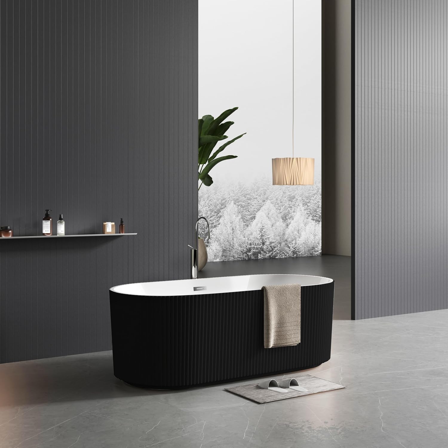 67' Freestanding Bathtub, Acrylic Soaking Tub with V Shape Pleated Design, Chrome Drain & Classic Slotted Overflow, CUPC Certified, Black and White for Modern Bathroom