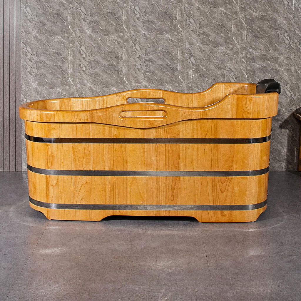 59' Freestanding Bathtub Wooden Soaking Tub Handcrafted Deep Soaking Bathtub with Wooden Handrails, Japanese Soaking Tub for Home Spa Relaxation, Freestanding Tub Wood Hot Tub STT15001