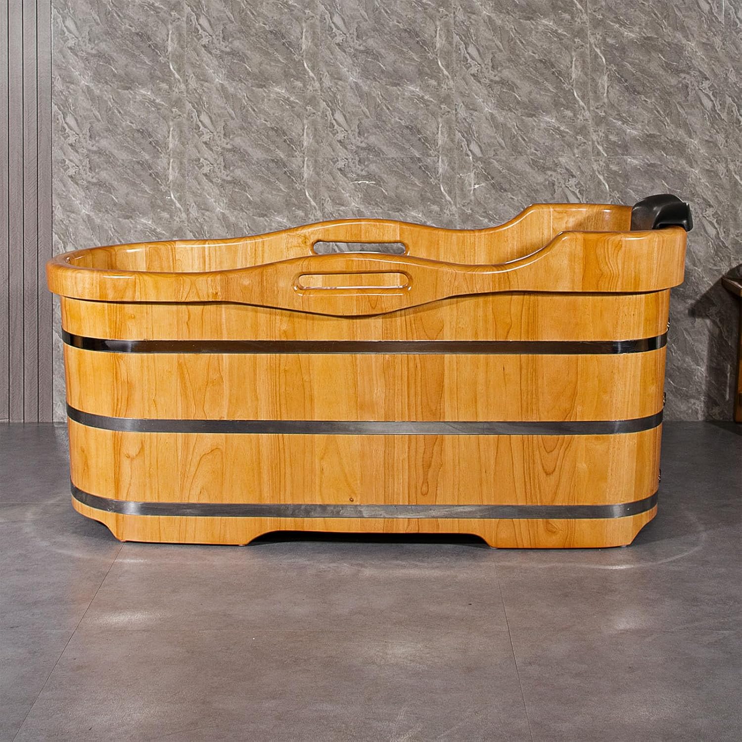 59' Freestanding Bathtub Wooden Soaking Tub Handcrafted Deep Soaking Bathtub with Wooden Handrails, Japanese Soaking Tub for Home Spa Relaxation, Freestanding Tub Wood Hot Tub STT15001