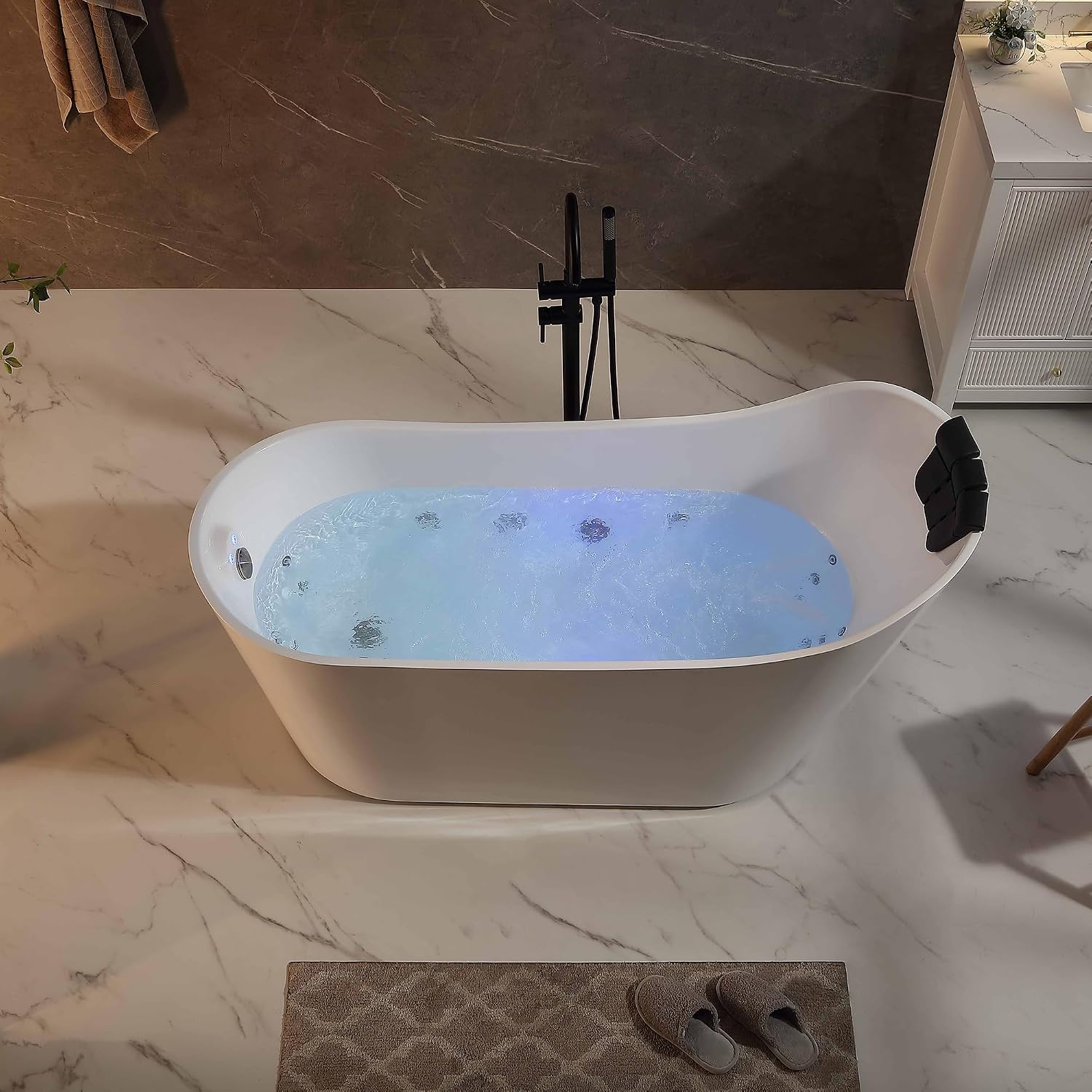 Empava Upgrade Acrylic Whirlpool Bathtub, 67-Inch Freestanding Gracefully Oval Shaped Jetted Bathtub with Healing Chromotherapy, 16 Hydromassage Jets, Single-Ended Bathtubs with Pillow