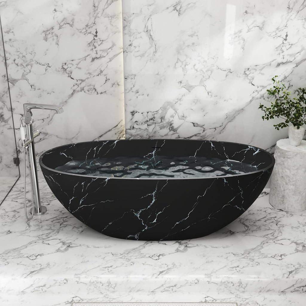 CASAINC 65' Solid Surface Freestanding Tub Marble-Look Stone Resin Freestanding Bathtub Black Soaking Tub with Overflow, Drain, Drain Hose & Sanding Paper