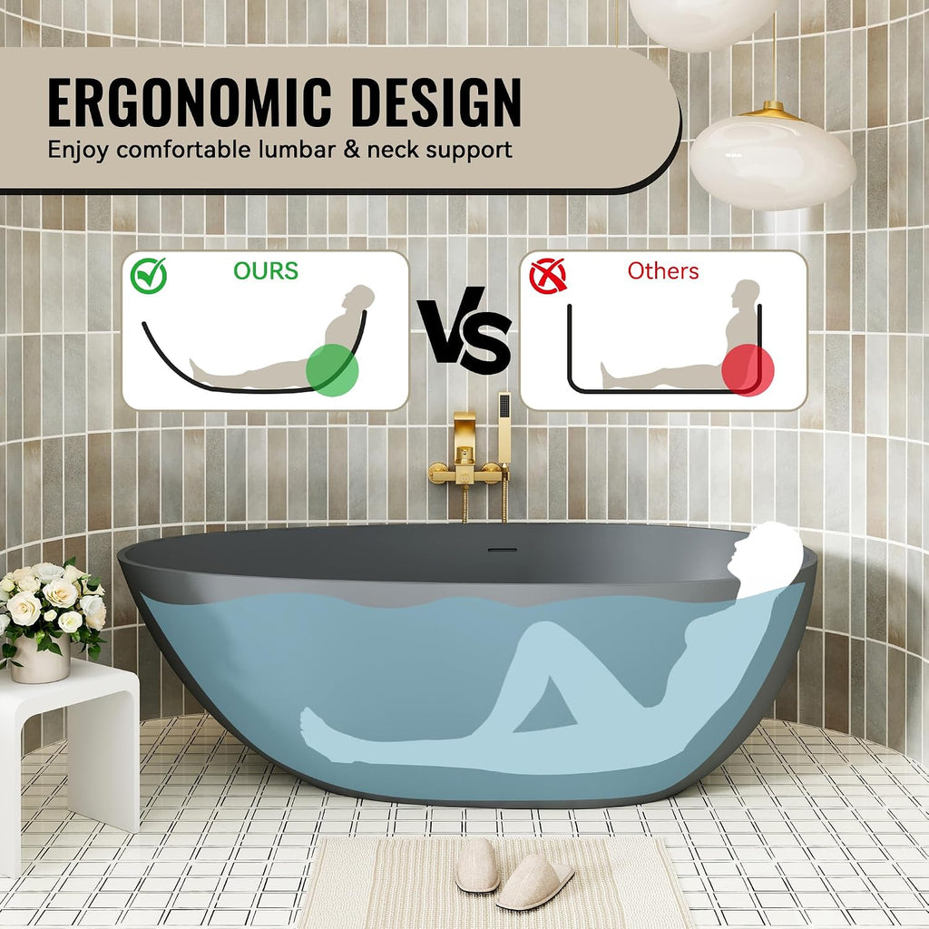 CASAINC 59' Solid Surface Freestanding Bathtub Egg-Shaped Stone Resin Freestanding Tub Matte Grey Stand-Alone Tub with Drain, Drain Hose & Sanding Paper