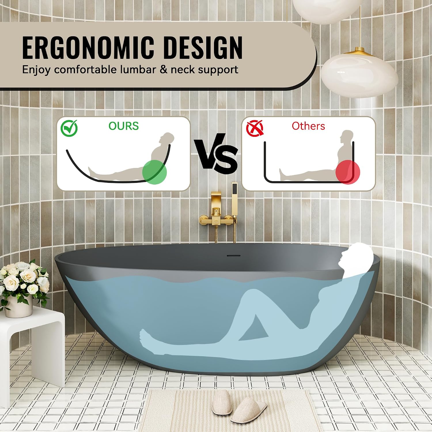 CASAINC 59' Solid Surface Freestanding Bathtub Egg-Shaped Stone Resin Freestanding Tub Matte Grey Stand-Alone Tub with Drain, Drain Hose & Sanding Paper