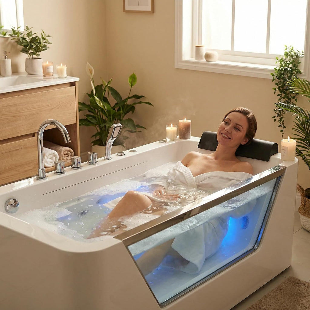 67' Whirlpool Bathtub, Jetted Hydrotherapy Tub with 7 Adjustable Jets & Glass Panel, 89-Gallon 3-Side Apron Alcove Soaking Tub in White