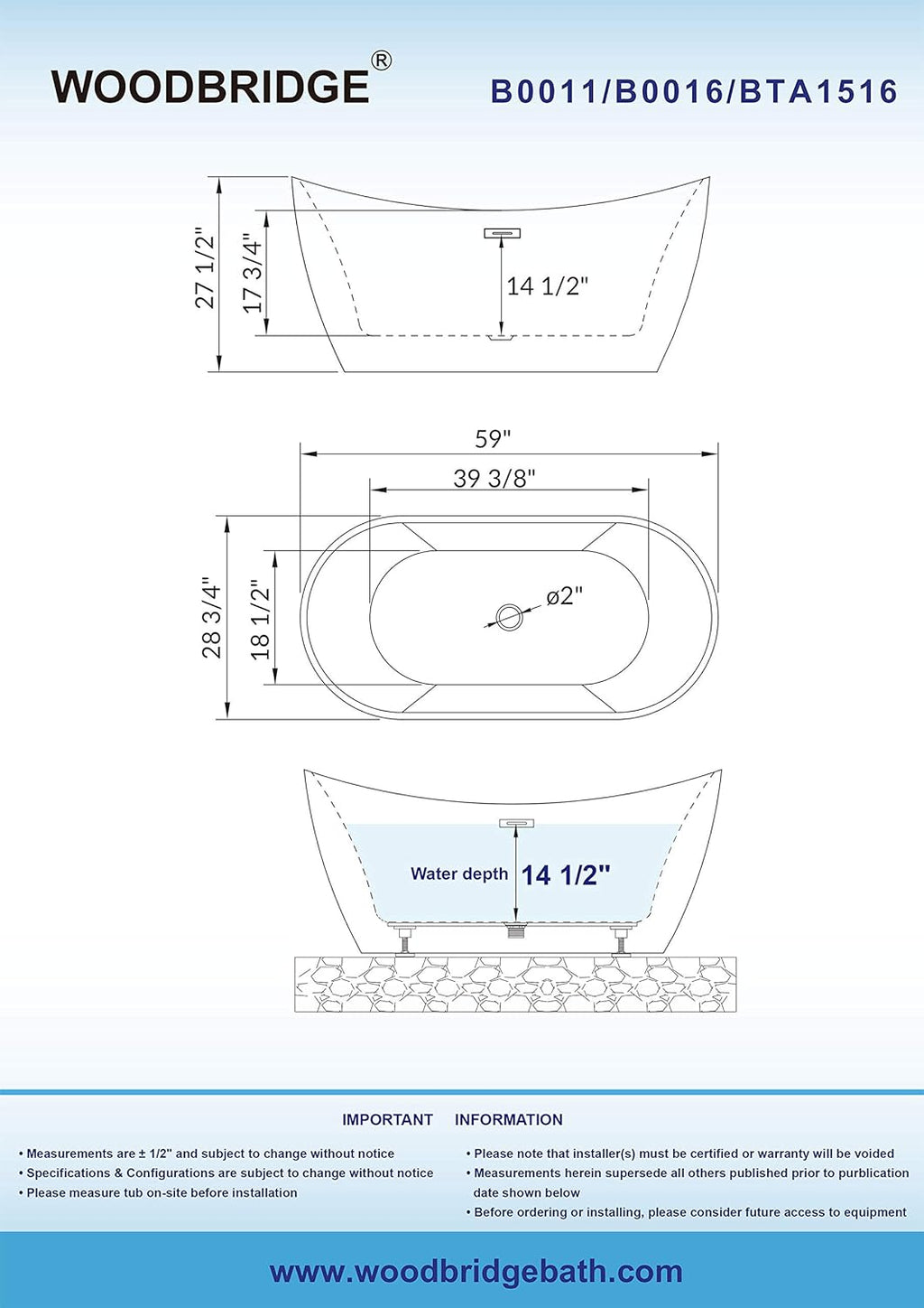 WOODBRIDGE 59' Acrylic Freestanding Bathtub Contemporary Soaking Tub with Brushed Nickel Overflow and Drain B-0016 -B/N-Drain &O