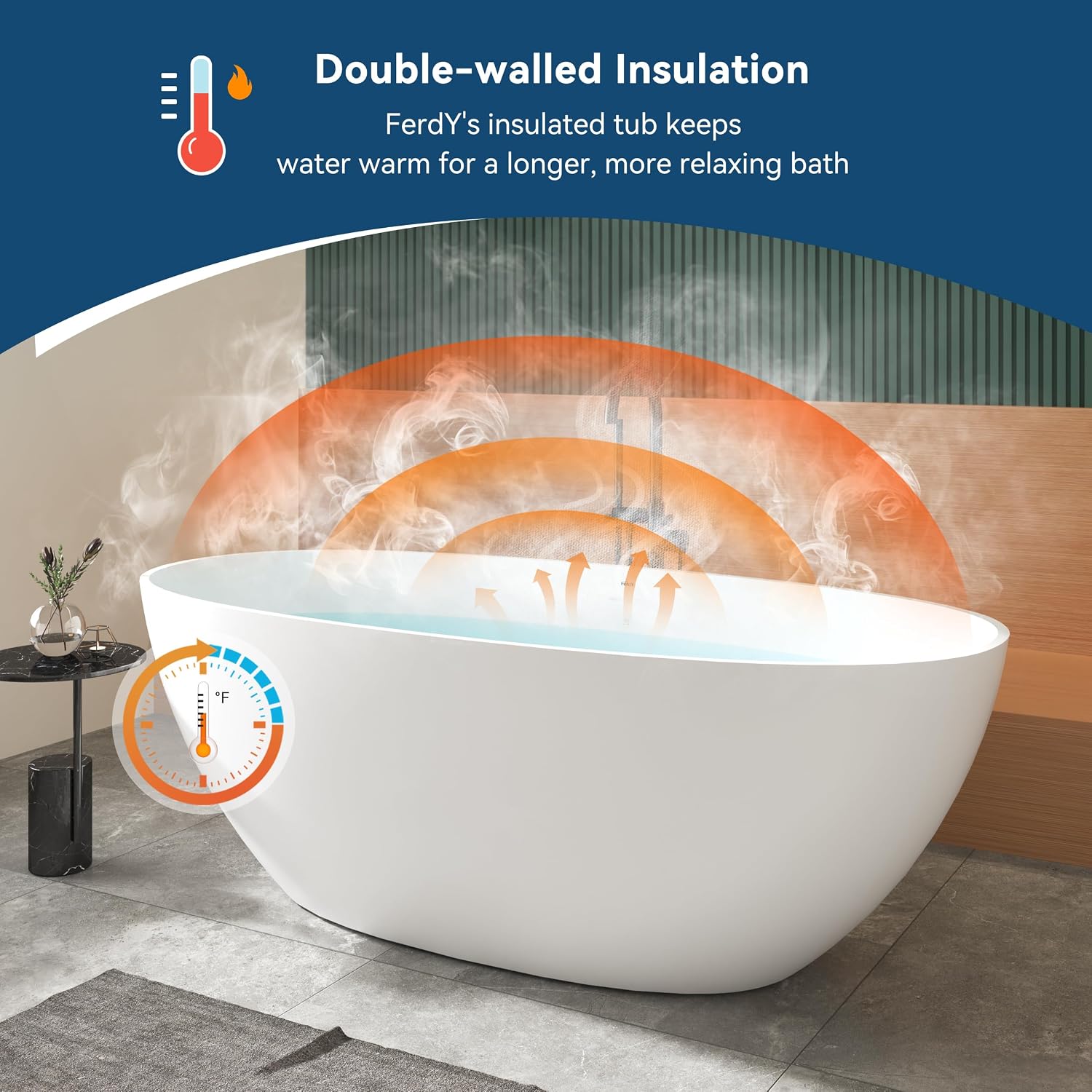 FerdY Goa 67' Resin Stone Freestanding Bathtub, Elegant Oval Freestanding Bathtub, Solid Surface Bathtub, Matte White, cUPC Certified, Minimalist Linear Design Overflow and Pop-Up Drain Pipe