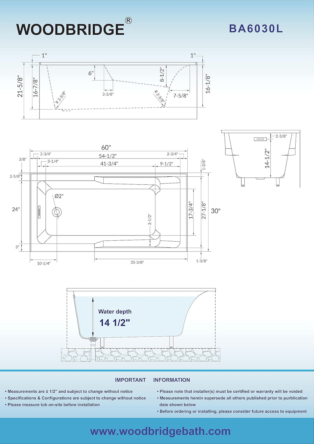 WOODBRIDGE 60' Acrylic Rectangular Alcove Soaking Bathtub in White with Left Drain, Chrome pop-UP Drain Included BA6030L