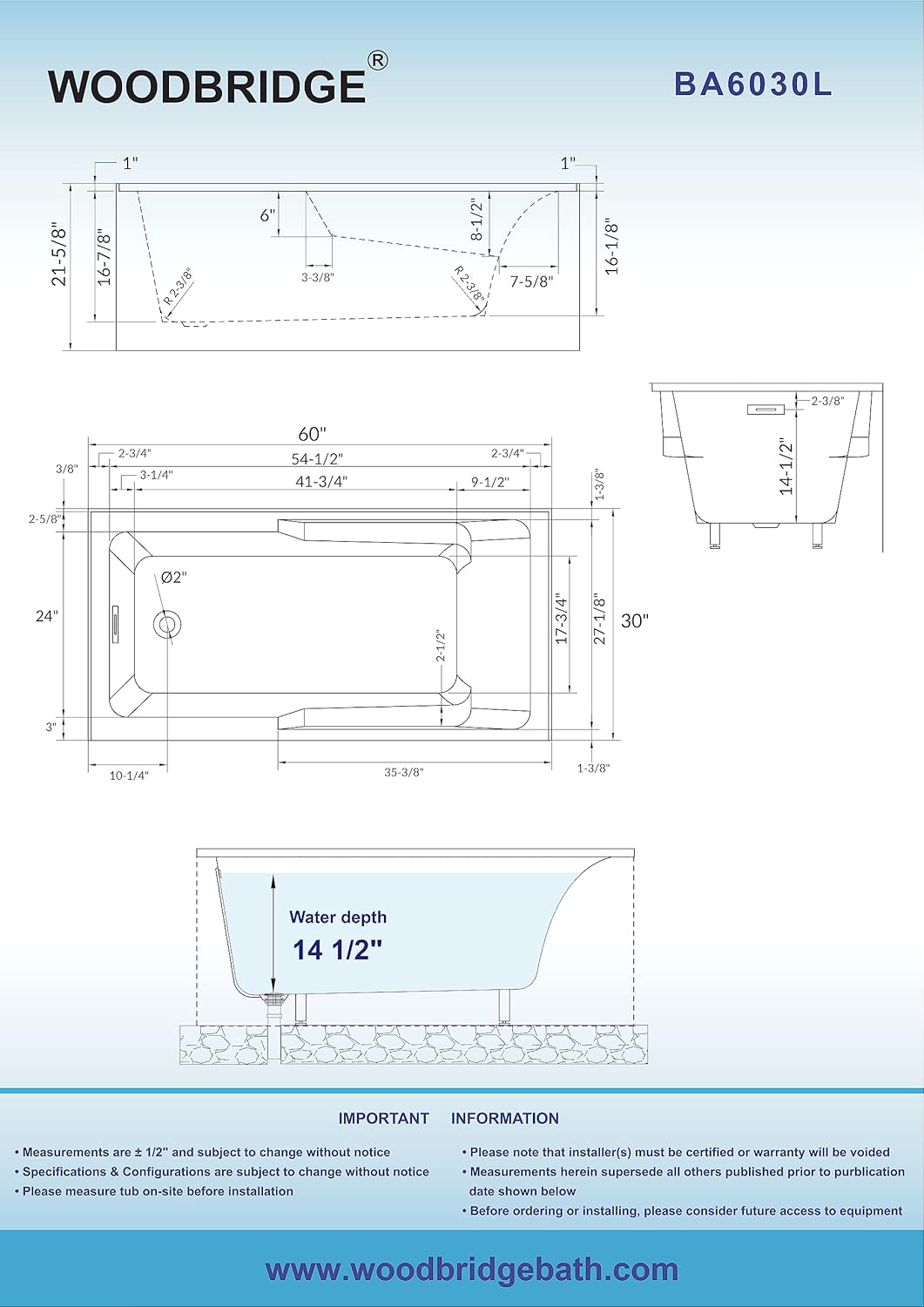 WOODBRIDGE 60' Acrylic Rectangular Alcove Soaking Bathtub in White with Left Drain, Chrome pop-UP Drain Included BA6030L