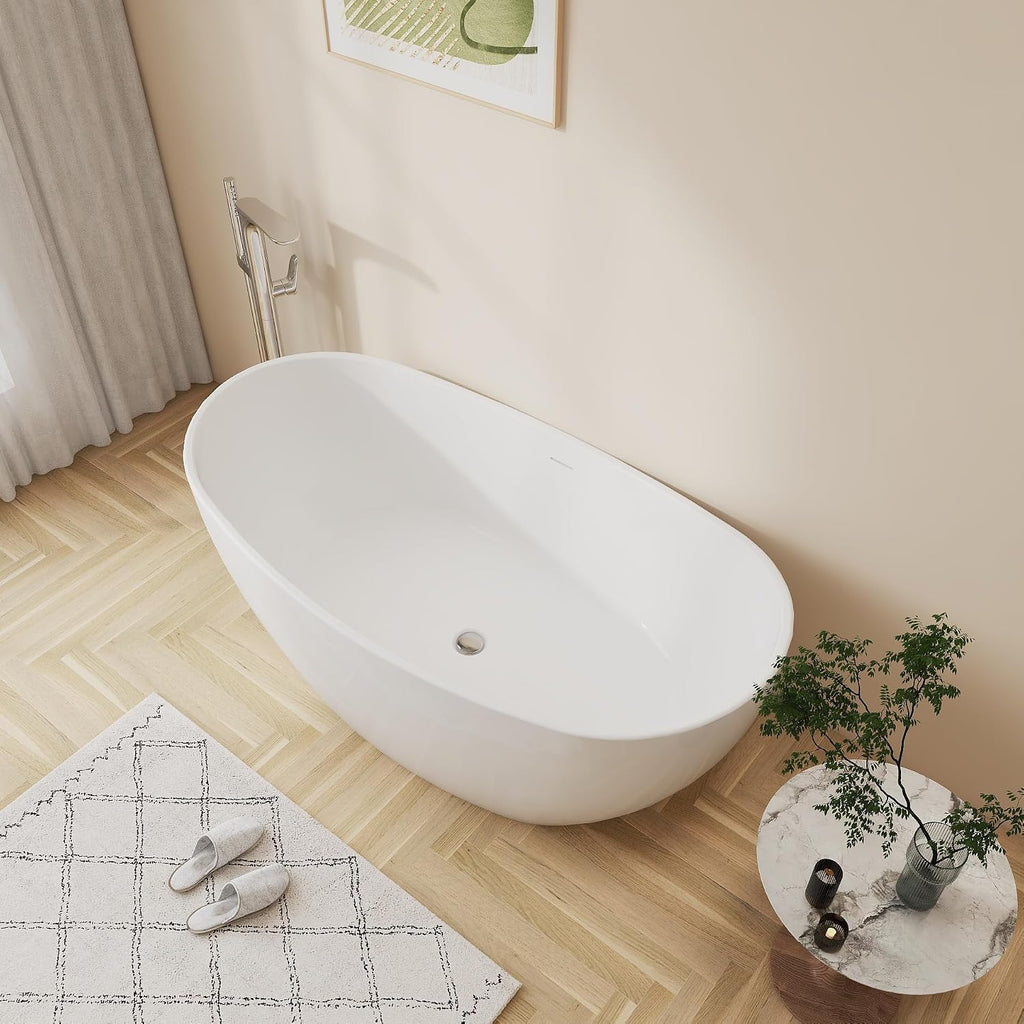 60' Upgraded Contemporary Oval Freestanding Bathtubs, Premium White Stand Alone Soaking Tub with CUPC Drain