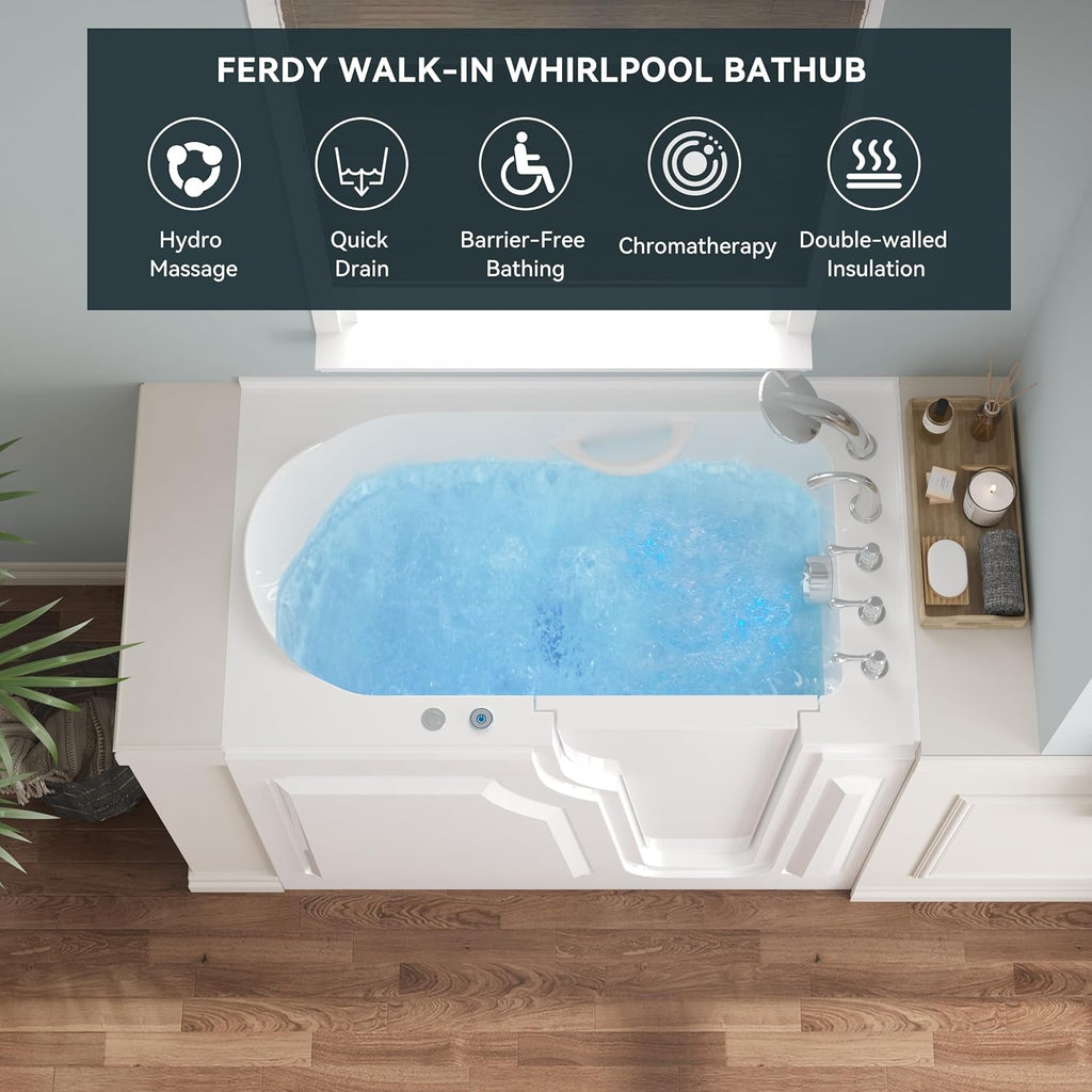 FerdY Floridian 52'x30' Walk-in Whirlpool Bathtub with 14 Air Water SPA Jets and Right-Side Door Opening and Quick Fill and Drain System, Rectangular Soaking Bathtub in White