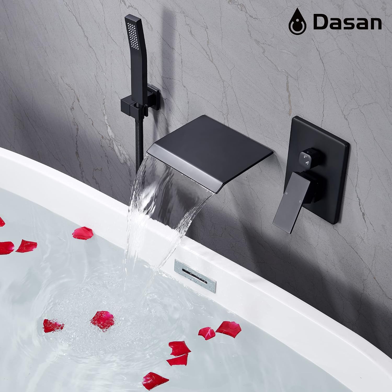 Upgraded Wall Mount Tub Filler Faucet with Handheld Shower, DASAN Modern Wall Mounted Bathtub Faucet Matte Black High Flow Waterfall Tub Faucet with Rough in Valve, SA-TF04WH-MB