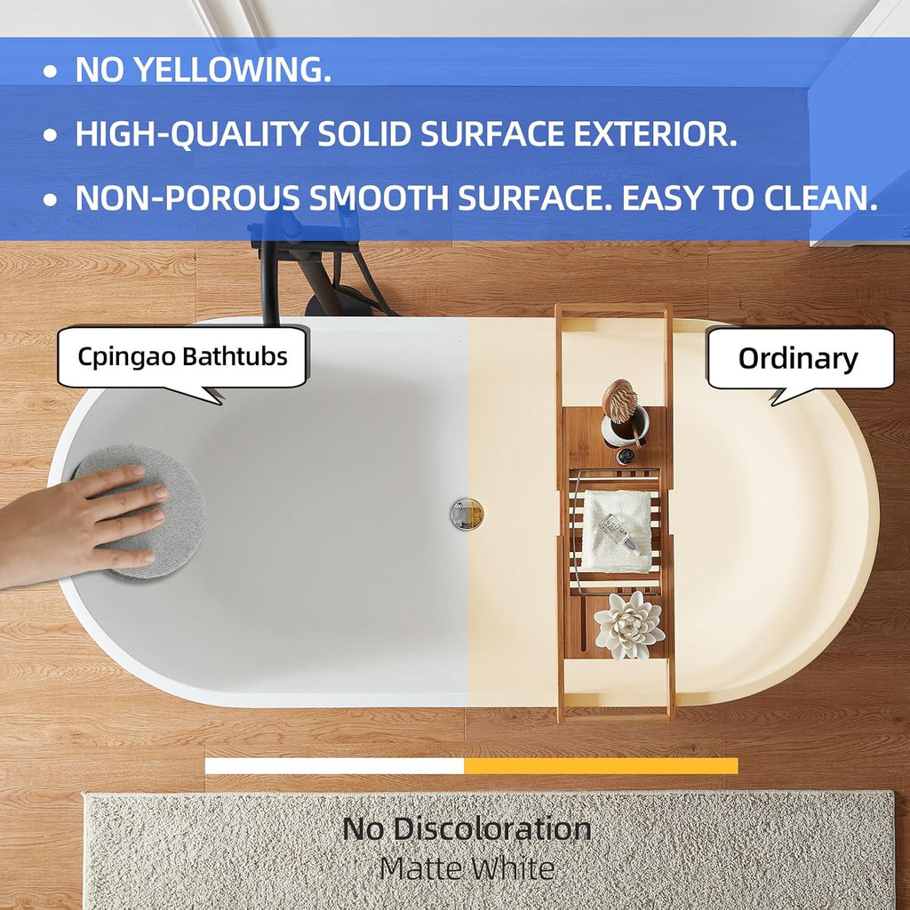 Cpingao 55' Stone Resin Freestanding Bathtub, Modern Oval Solid Surface Soaking Stand Alone Tub, Matte White, Drain & Overflow Included 8816-1400