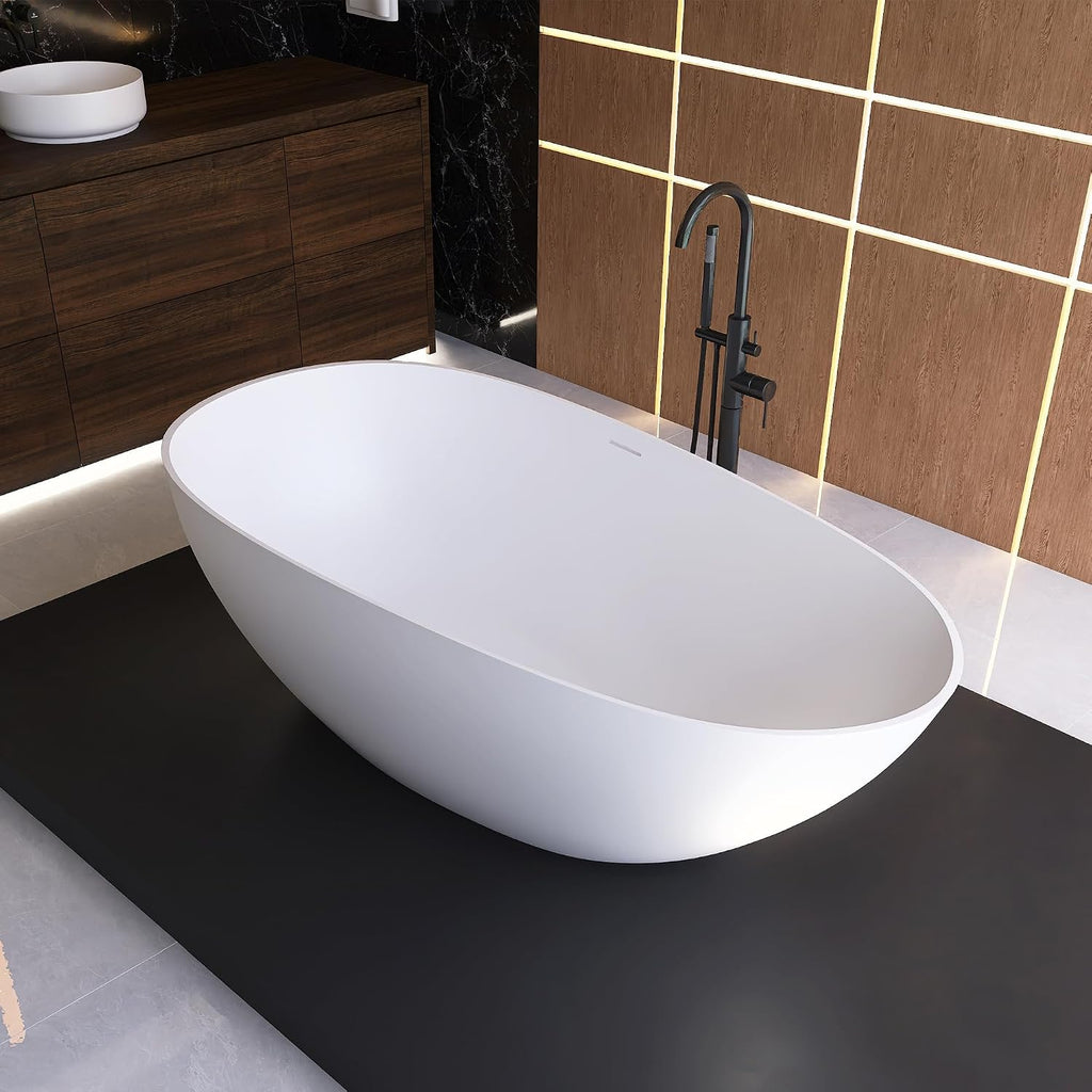 67' Freestanding Tub, Solid Surface Modern Bathtub Matte White | Stone Resin Free Standing Bathtub, Contemporary Soaking Tub with Overflow and Pop-up Drain