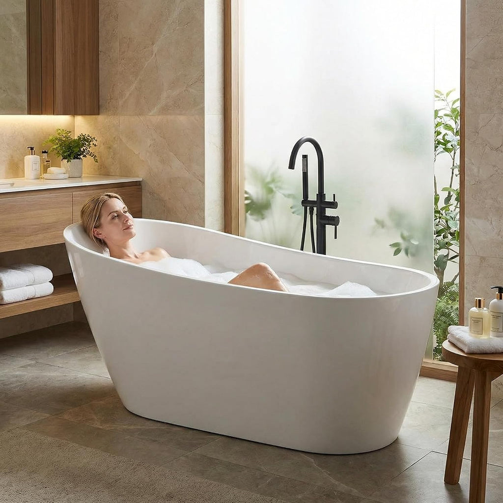 59 Inch Acrylic Freestanding Bathtub, Soaking Bathtub with Matte Drain and Overflow, Modern Square Tub with Deep Ergonomic Design, Double-Walled Insulation for Bathroom Relaxation, cUPC Certified