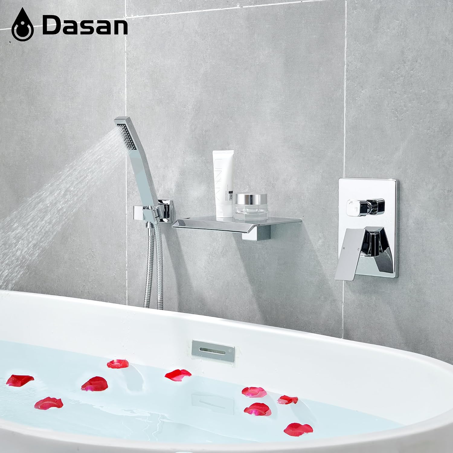 Upgraded Wall Mount Tub Filler Faucet with Handheld Shower, DASAN Modern Wall Mounted Bathtub Faucet Chrome High Flow Waterfall Tub Faucet with Rough in Valve, SA-TF04WH-PC