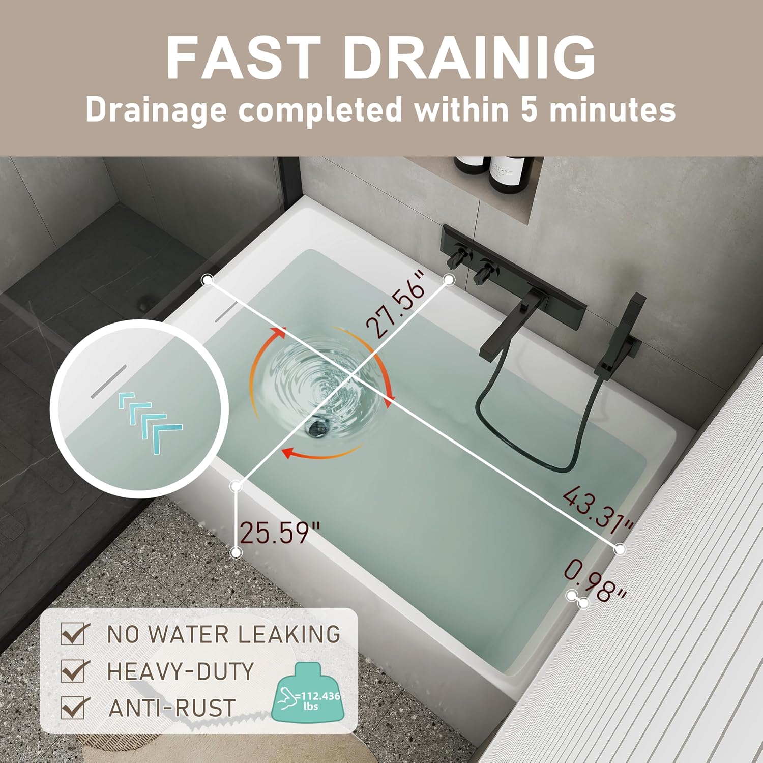 43' Acrylic Freestanding Bathtubs, Stand Alone Tub, Japanese Soaking Tub for Bathroom, Integrated Overflow and Drain, cUPC Certified, Gloss White