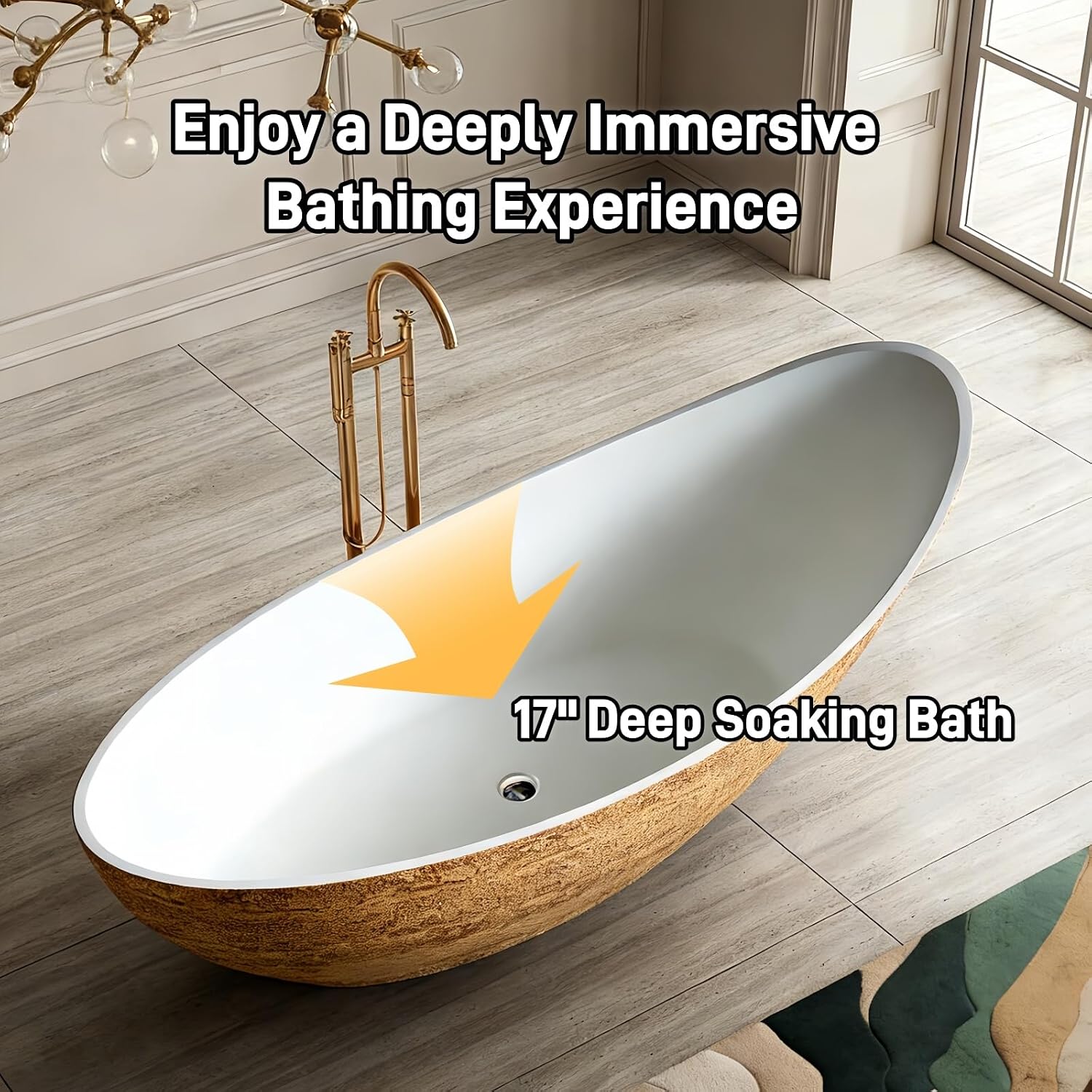 75' Edeyeu Freestanding Bathtub - Luxury Stone Texture Solid Surface Bathtub Soaking Tub With Extra Deep Ergonomic High Back Design, Modern Designer Free Standing Tub, Style C