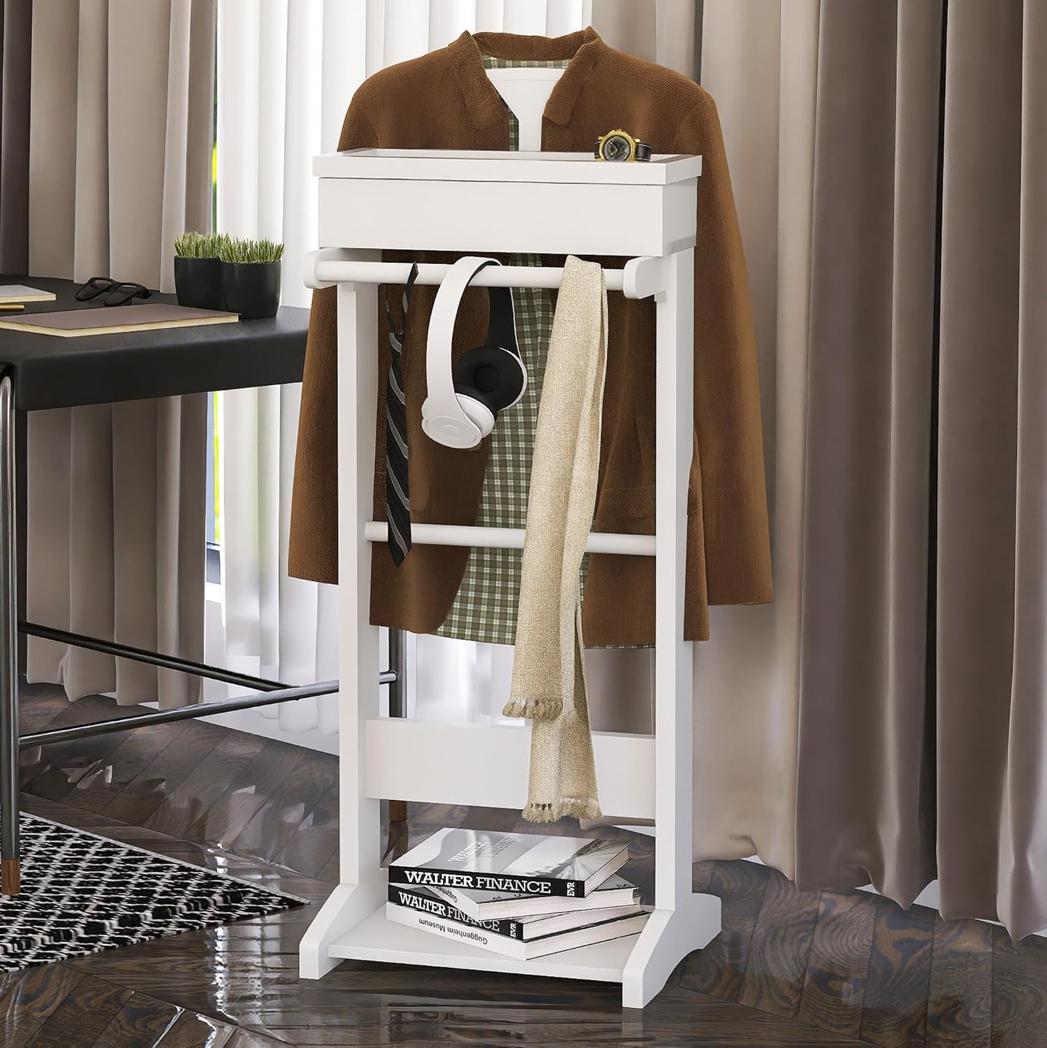 Wooden Valet Stand for Men, Modern Mens Valet Stand with Tray Organizer, Shoe Shelf, Hanging Rod & Suit Rack, Freestanding Clothes Rack for Bedroom Entryway Office, White
