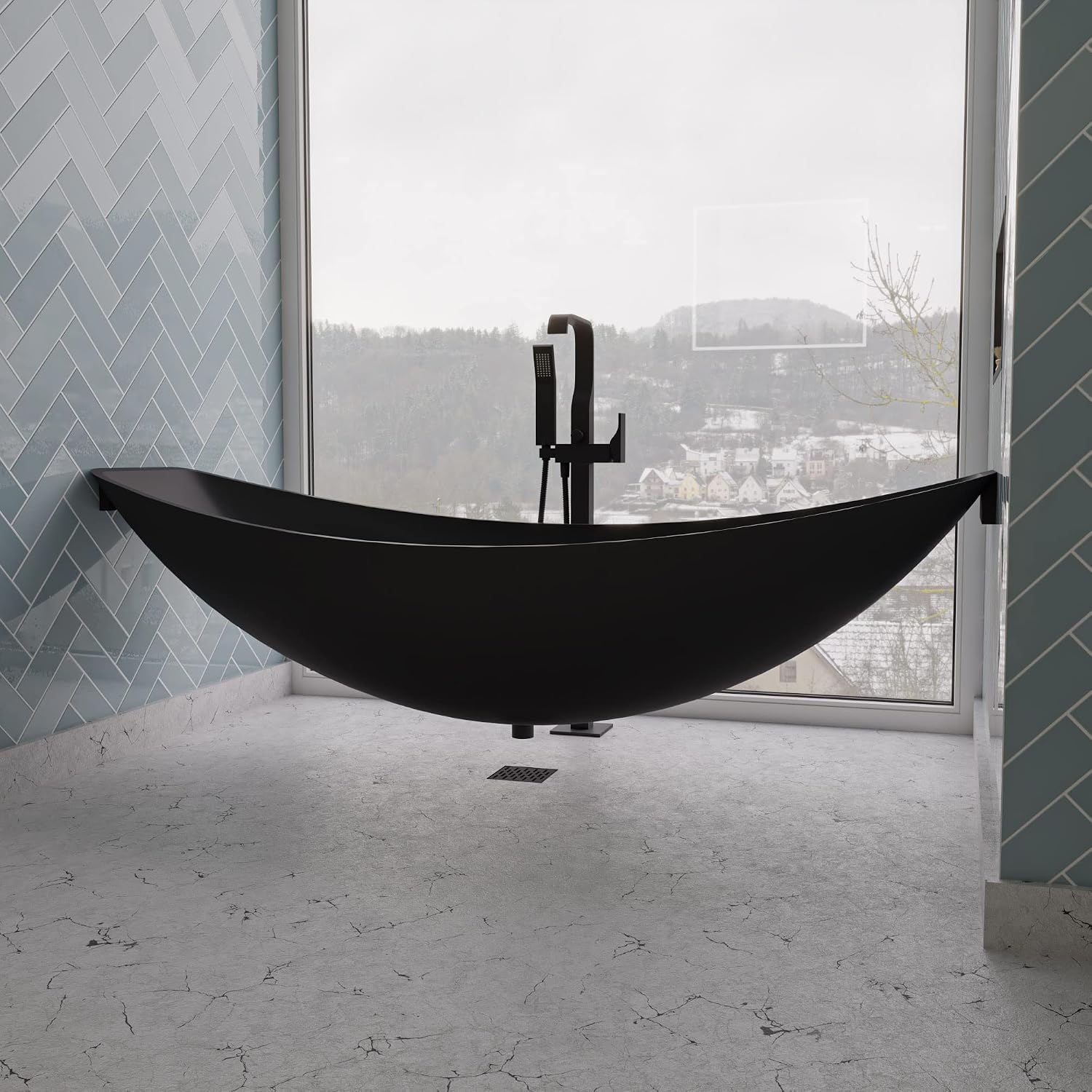 ALFI brand HammockTub1-BM Black Matte 79' Acrylic Suspended Wall Mounted Hammock Bathtub