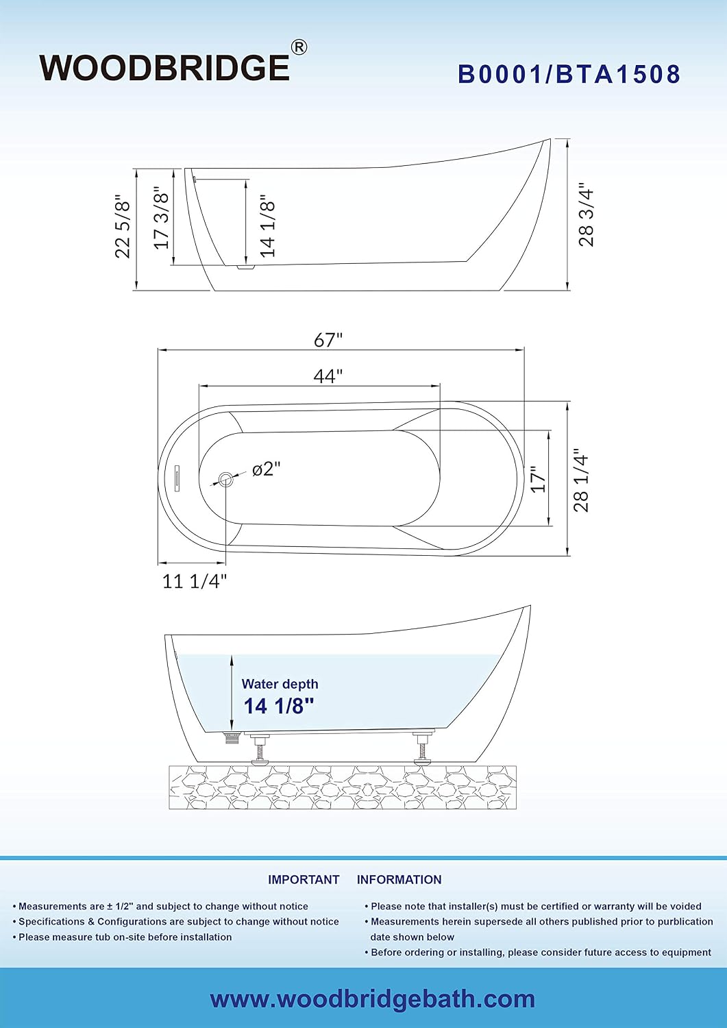 WOODBRIDGE 67' Acrylic Freestanding Bathtub Contemporary Soaking White Tub with Brushed Nickel Overflow and Drain，B-0001-BN