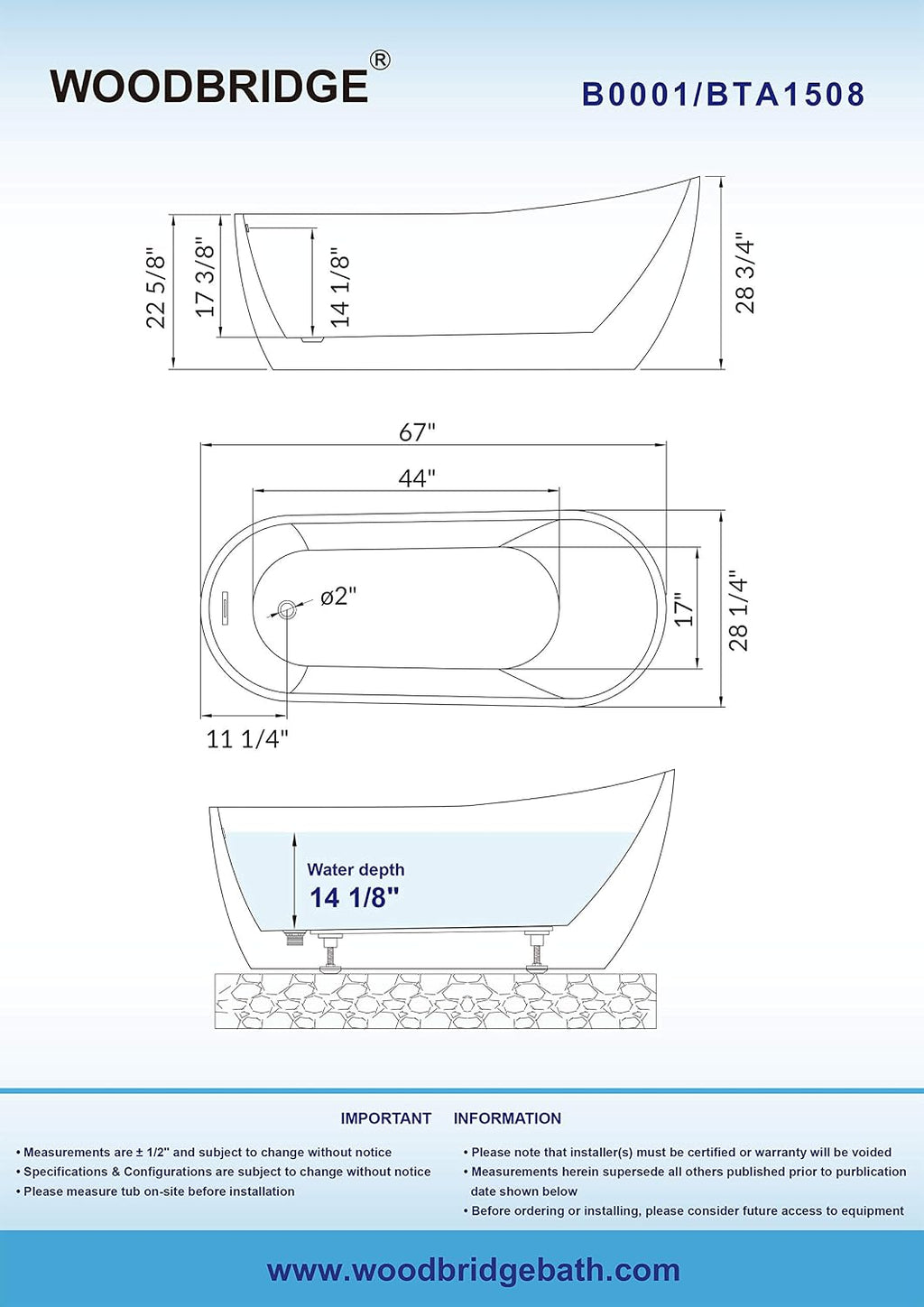 WOODBRIDGE 67' Acrylic Freestanding Bathtub Contemporary Soaking Tub with Chrome Overflow and Drain BTA1508-C,With Chrome Faucet F0002