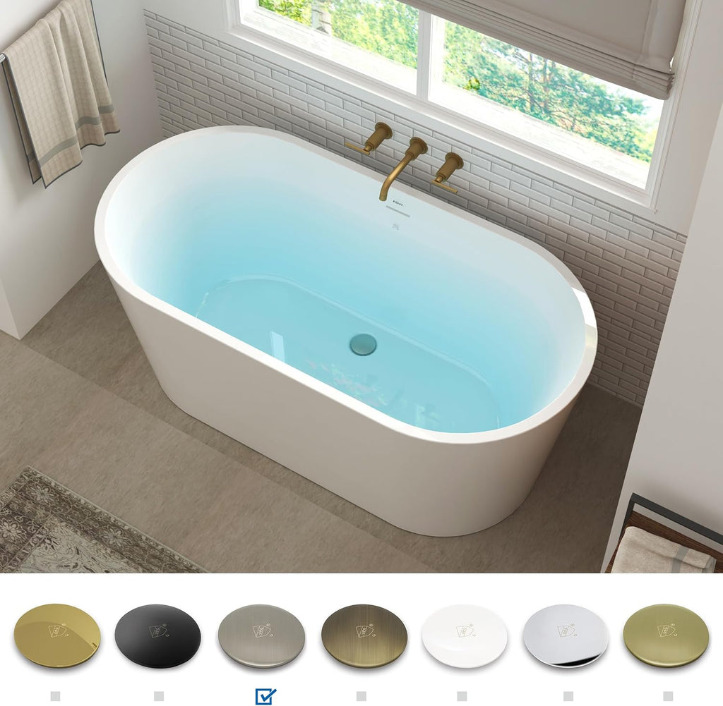 FerdY Luzon 55' Acrylic Freestanding Bathtub with Headrest, Ergonomic Lightweight Classic Oval Soaking Bathtub with Brushed Nickel Drain, Minimalist Linear Design Overflow& Bathtub Pillow
