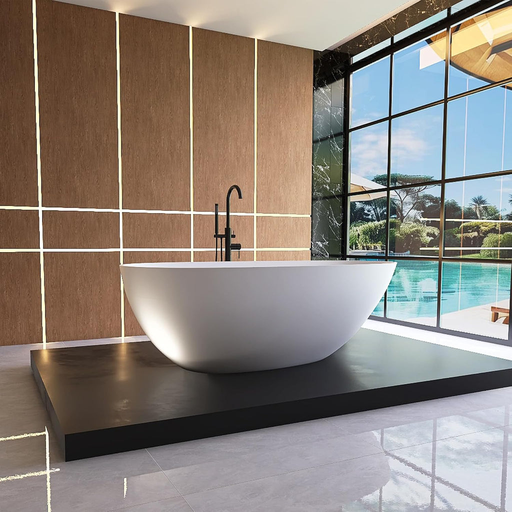 67' Freestanding Tub, Solid Surface Modern Bathtub Matte White | Stone Resin Free Standing Bathtub, Contemporary Soaking Tub with Overflow and Pop-up Drain